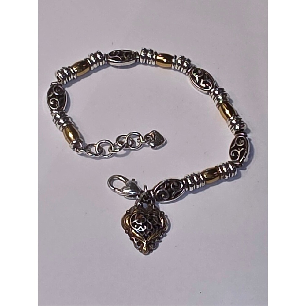 Brighton Two Tone Beaded Scroll Heart Charm Bracelet Silver Gold Adjustable 8.5"